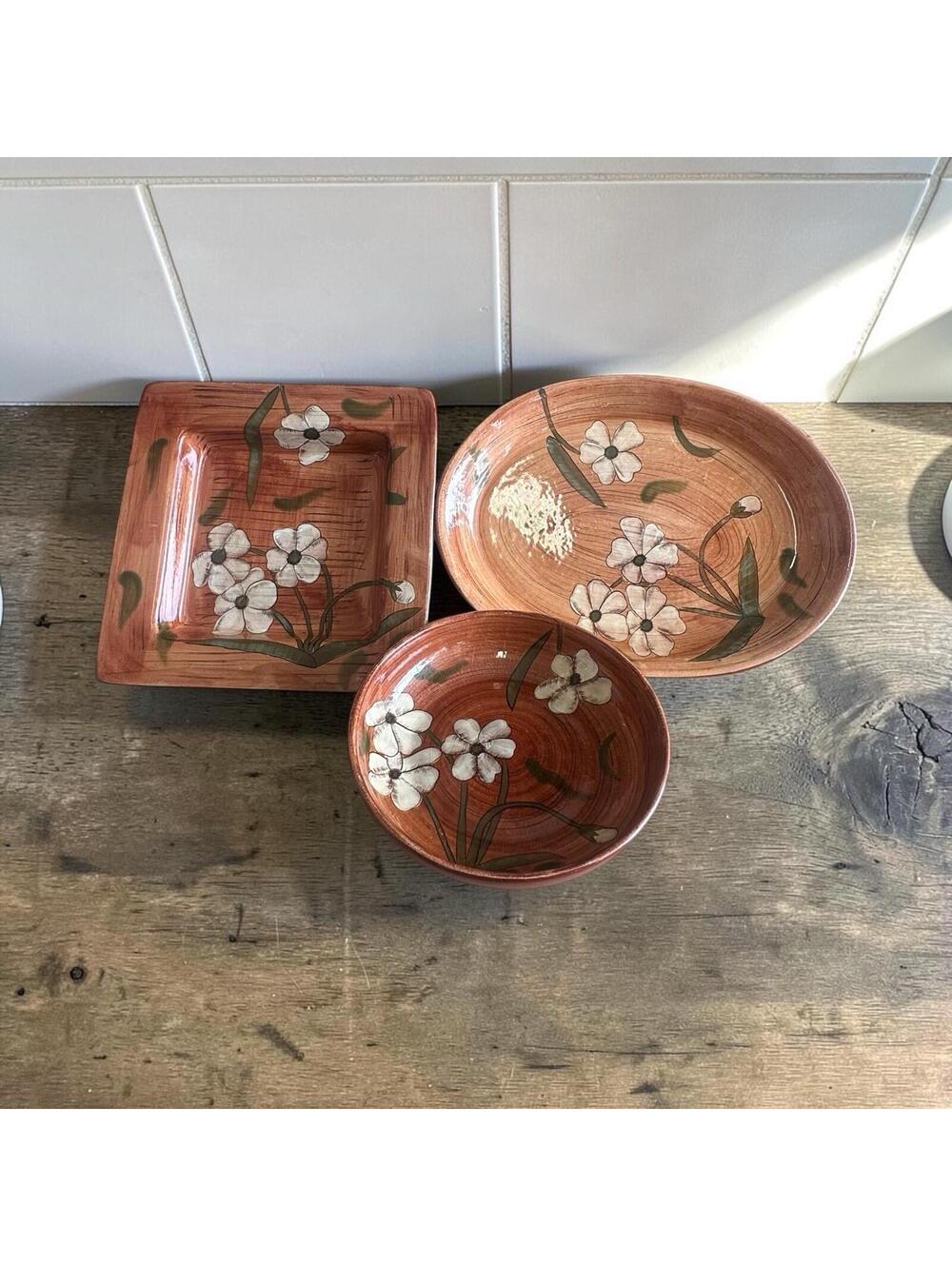 Serving Bowl Set 3 Pc Vintage Hausenware Retro Floral Ceramic Farmhouse Decor|